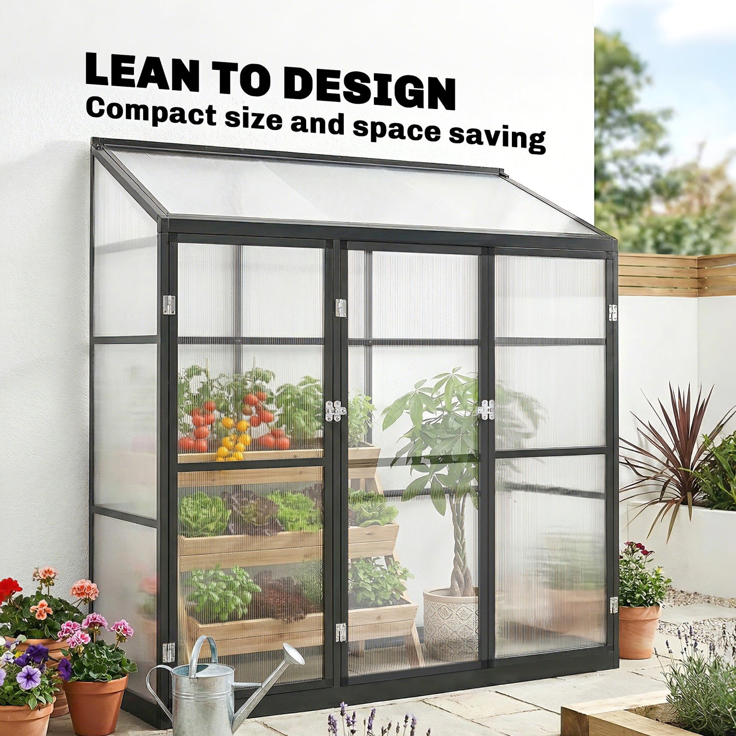 Polycarbonate Greenhouse with 3 Hinged Doors, Top Vent