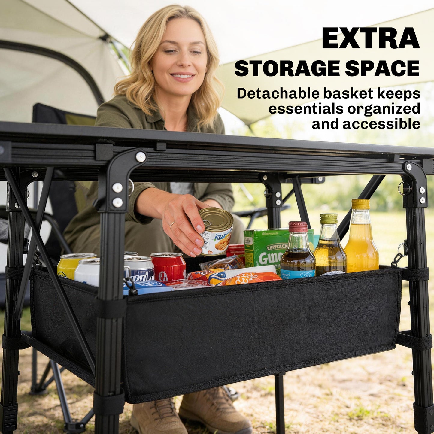 Folding Camping Table, 90 x 55 cm Height Adjustable Portable