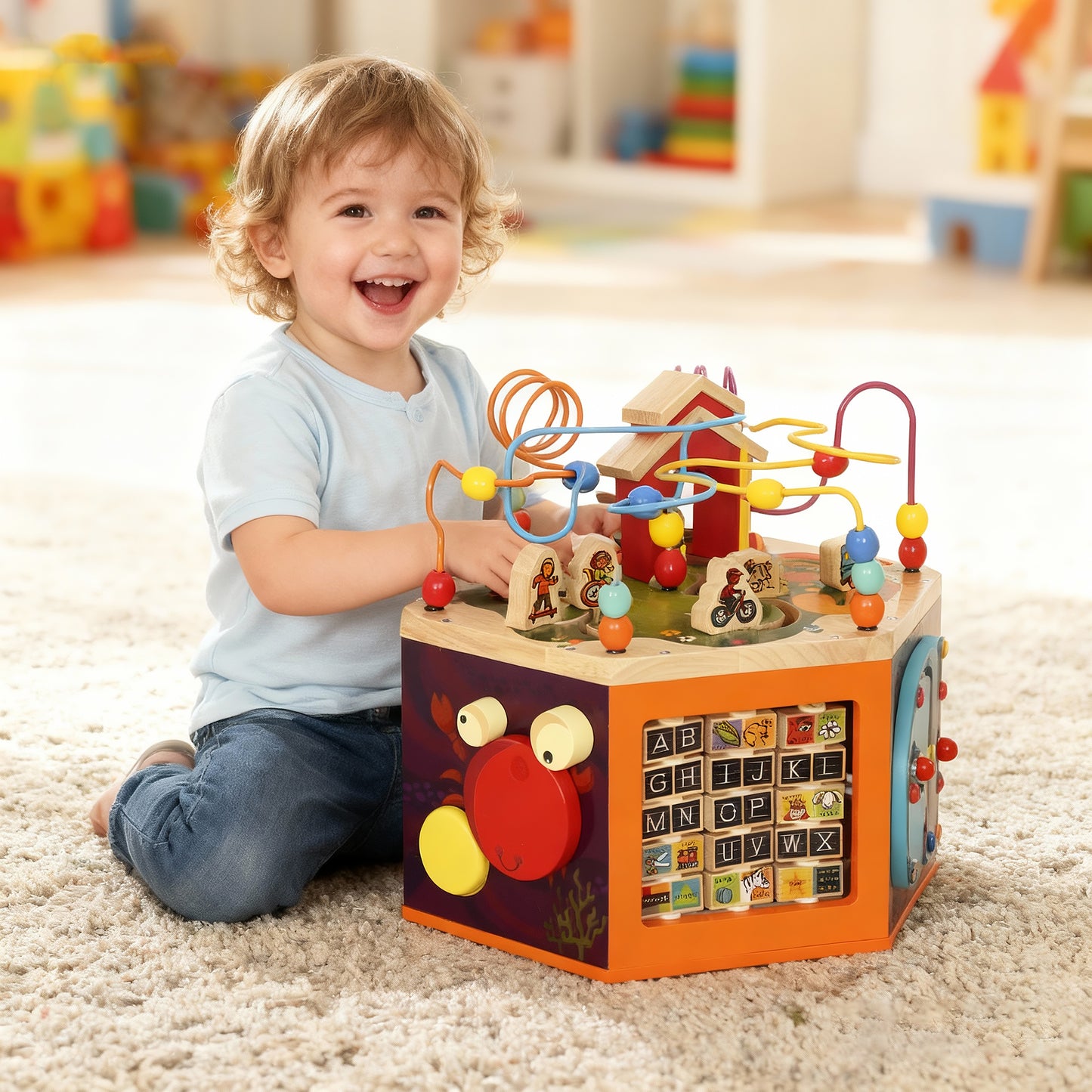 8 in 1 Wooden Activity Cube with Bead Maze, Shape Sorter