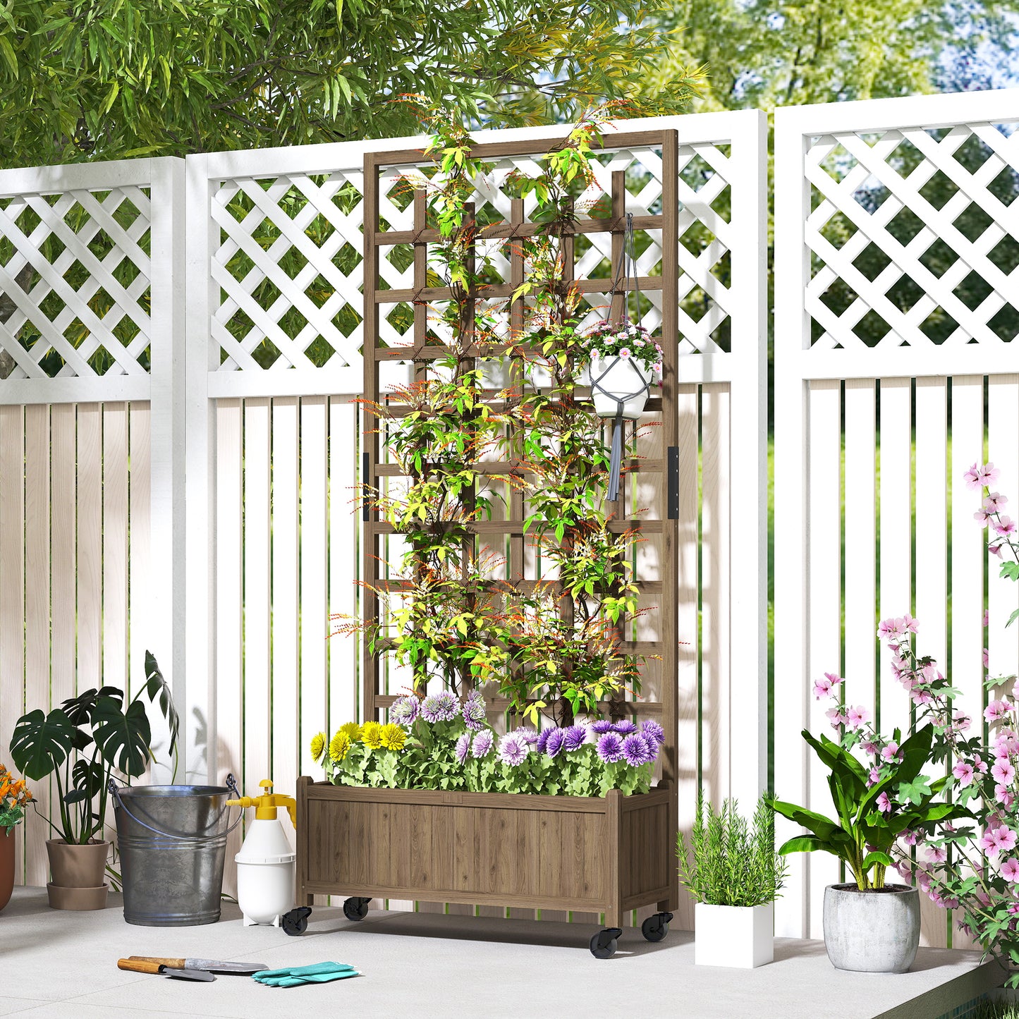 Wooden Trellis Planter, Raised Garden Bed with Wheels