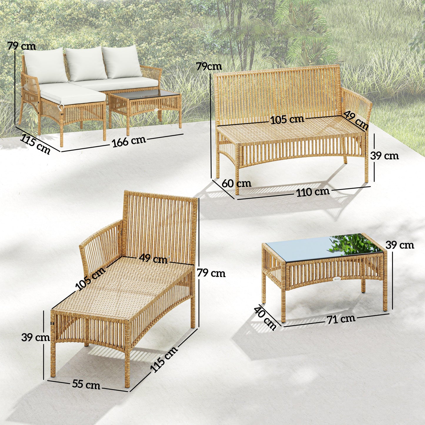3 Piece Rattan Garden Furniture Corner Sofa Set with Chaise Lounge