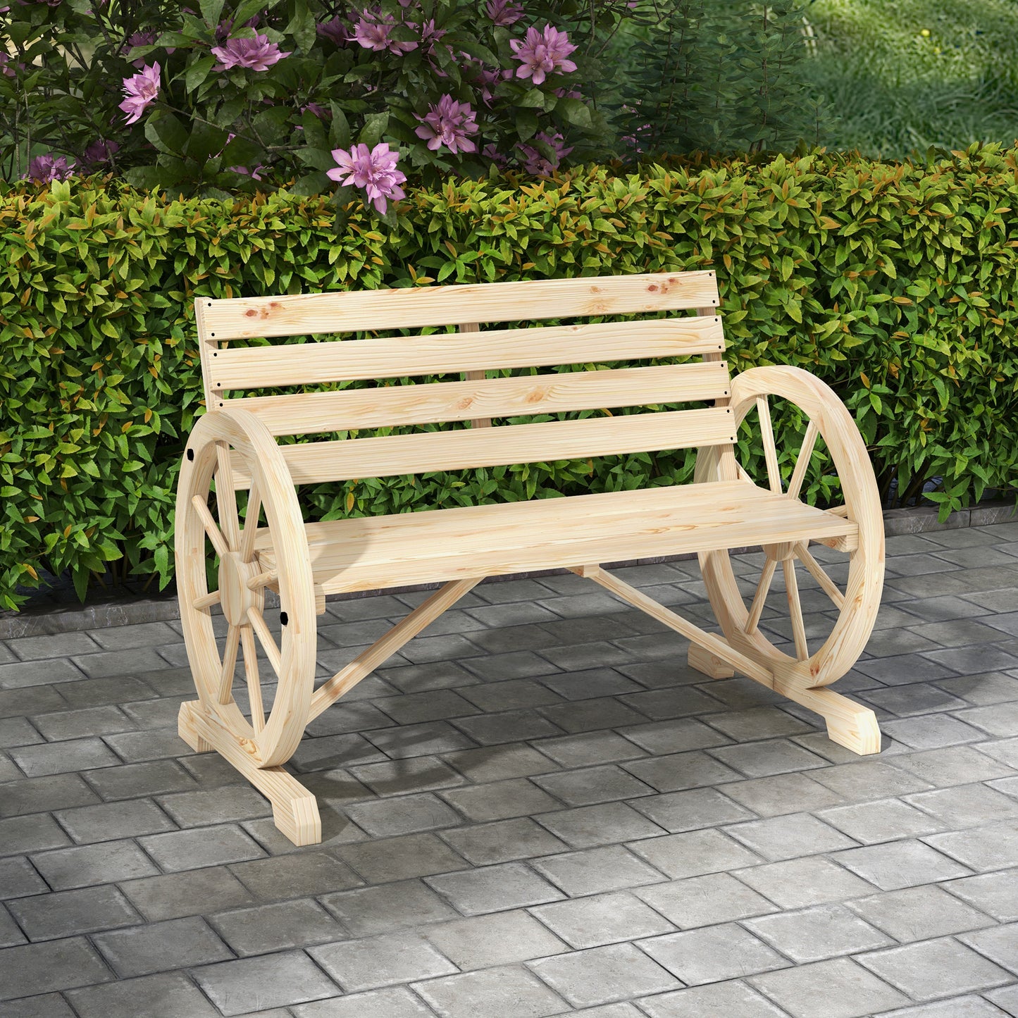 Wagon Wheel Chair Bench Armrest Rustic Loveseat Wood Outdoor Garden