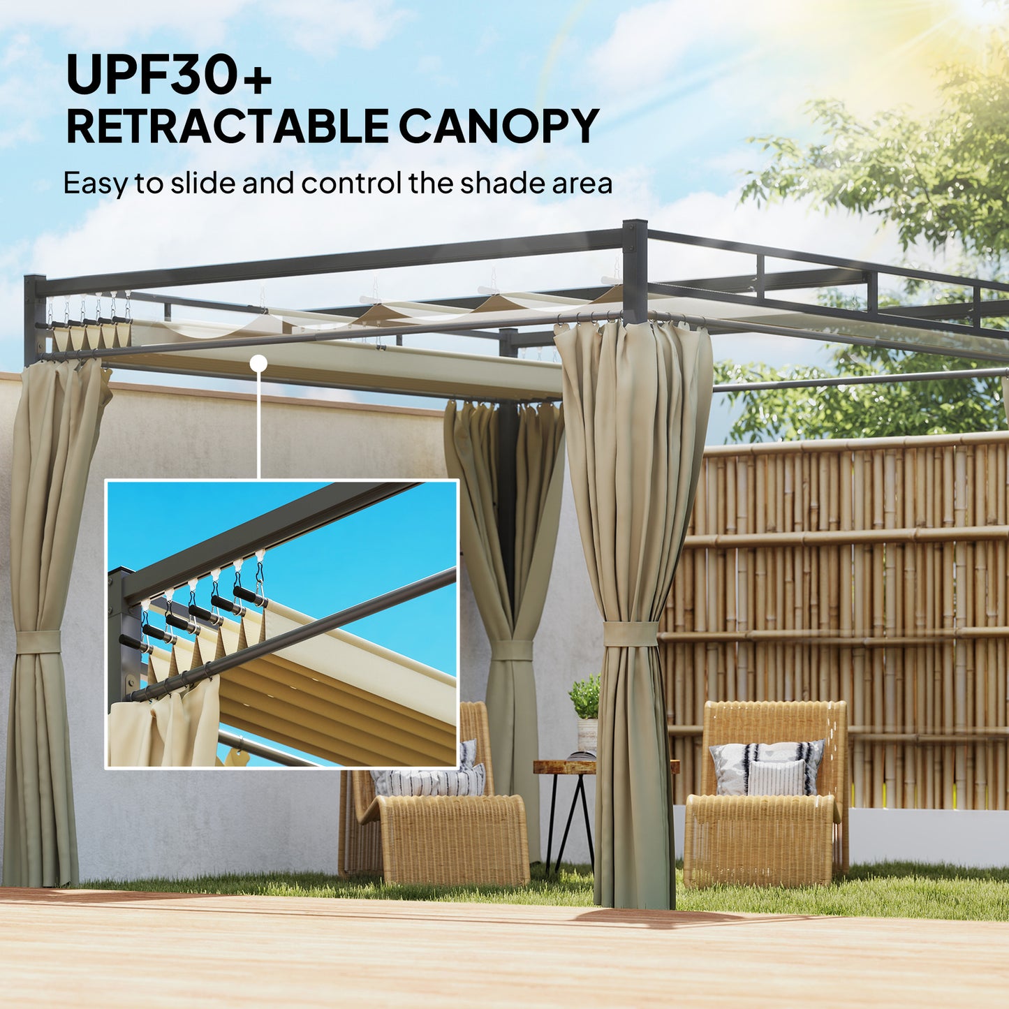 3 x 3 m Pergola with Retractable Roof Canopy and Curtains