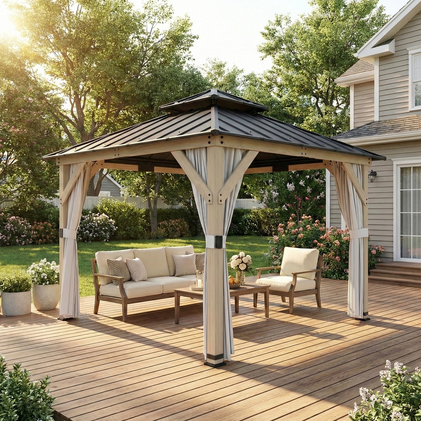 3 x 3 m Outdoor Hardtop Gazebo Canopy with 2-Tier Steel Roof