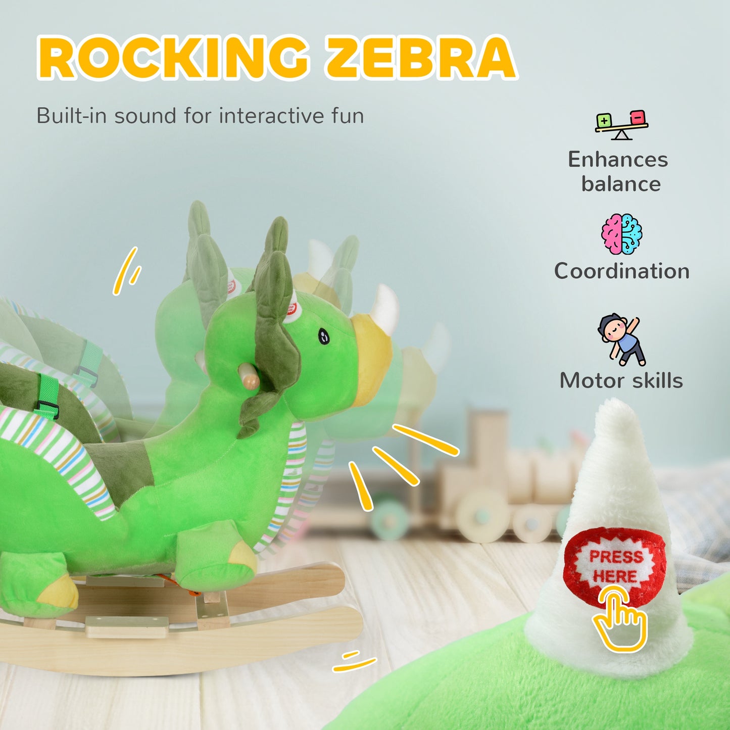 Baby Rocking Dinosaur with Animal Sounds, Safety Belt, Wooden Base