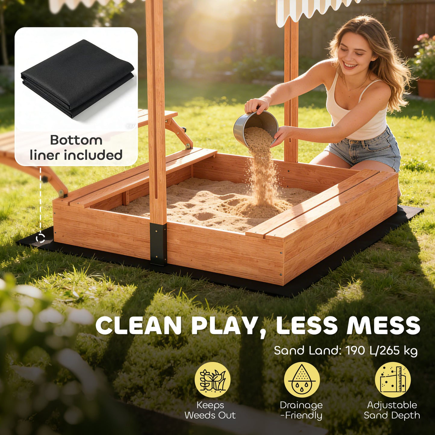 Kids Sand Pit with Lid, Wooden Sandpit with Canopy
