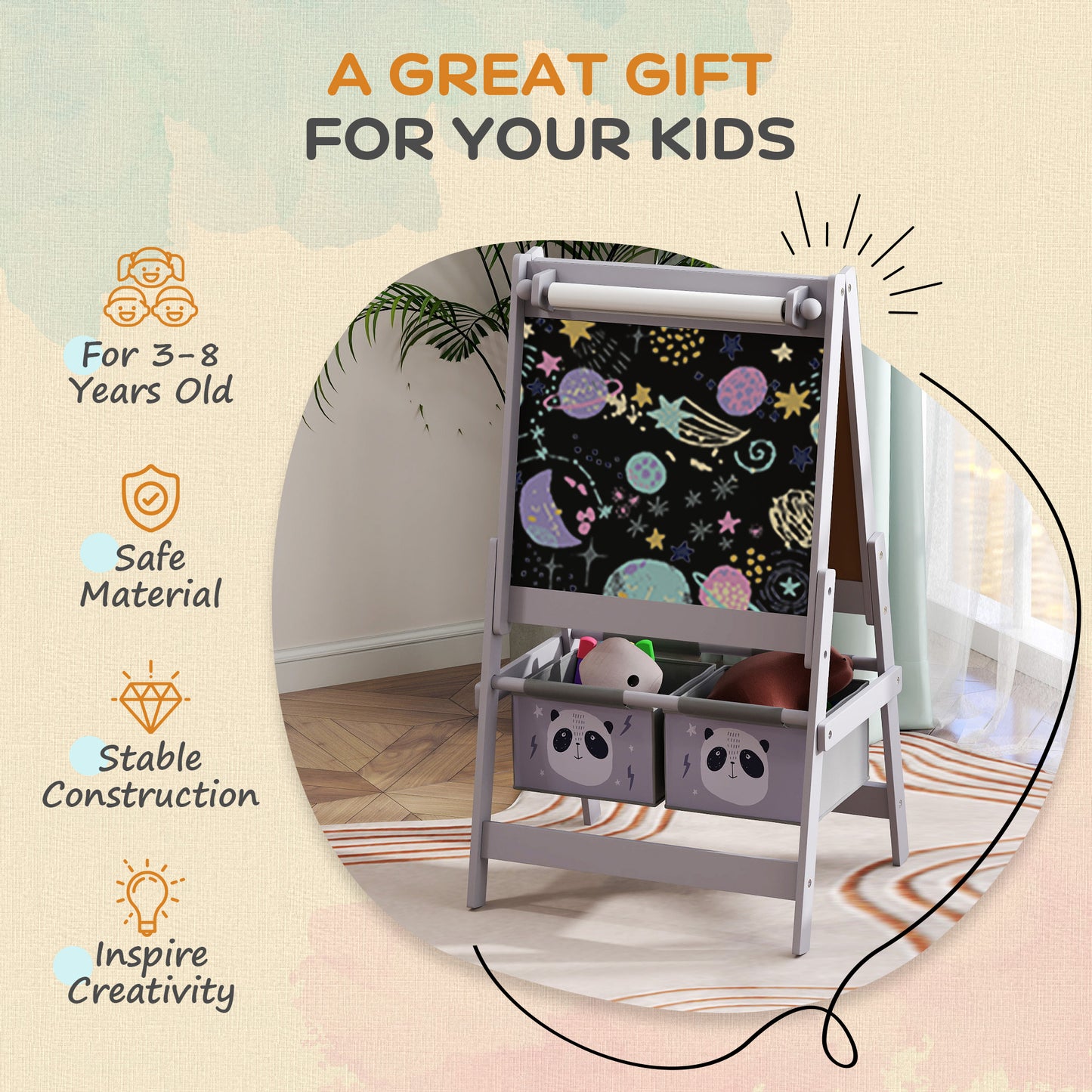 3-In-1 Kids Easel with Paper Roll, Art Easel, with Storage