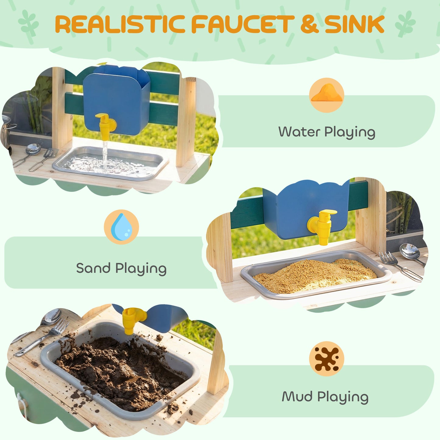 Mud Kitchen with Working Faucet, Kids Play Kitchen with Flower Pots