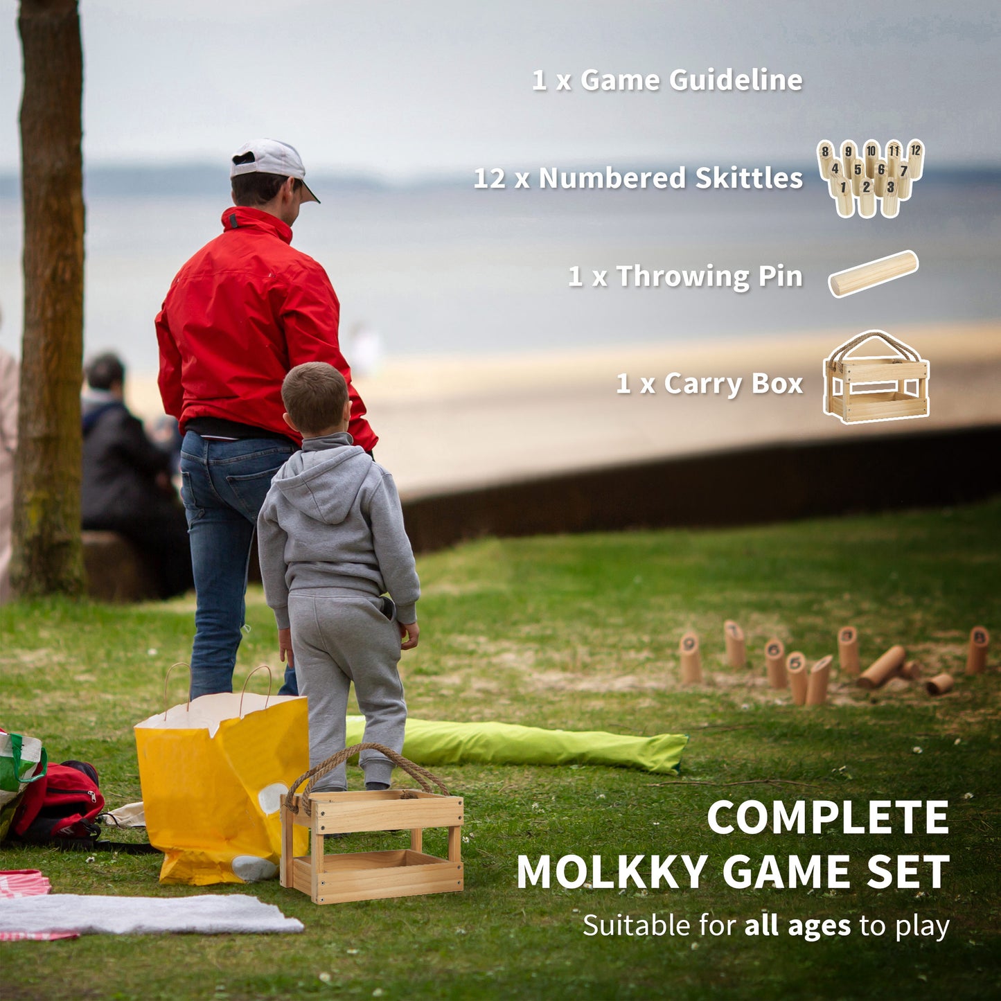 Molkky Game, Wooden Skittles Throwing Game with 12 Skittles