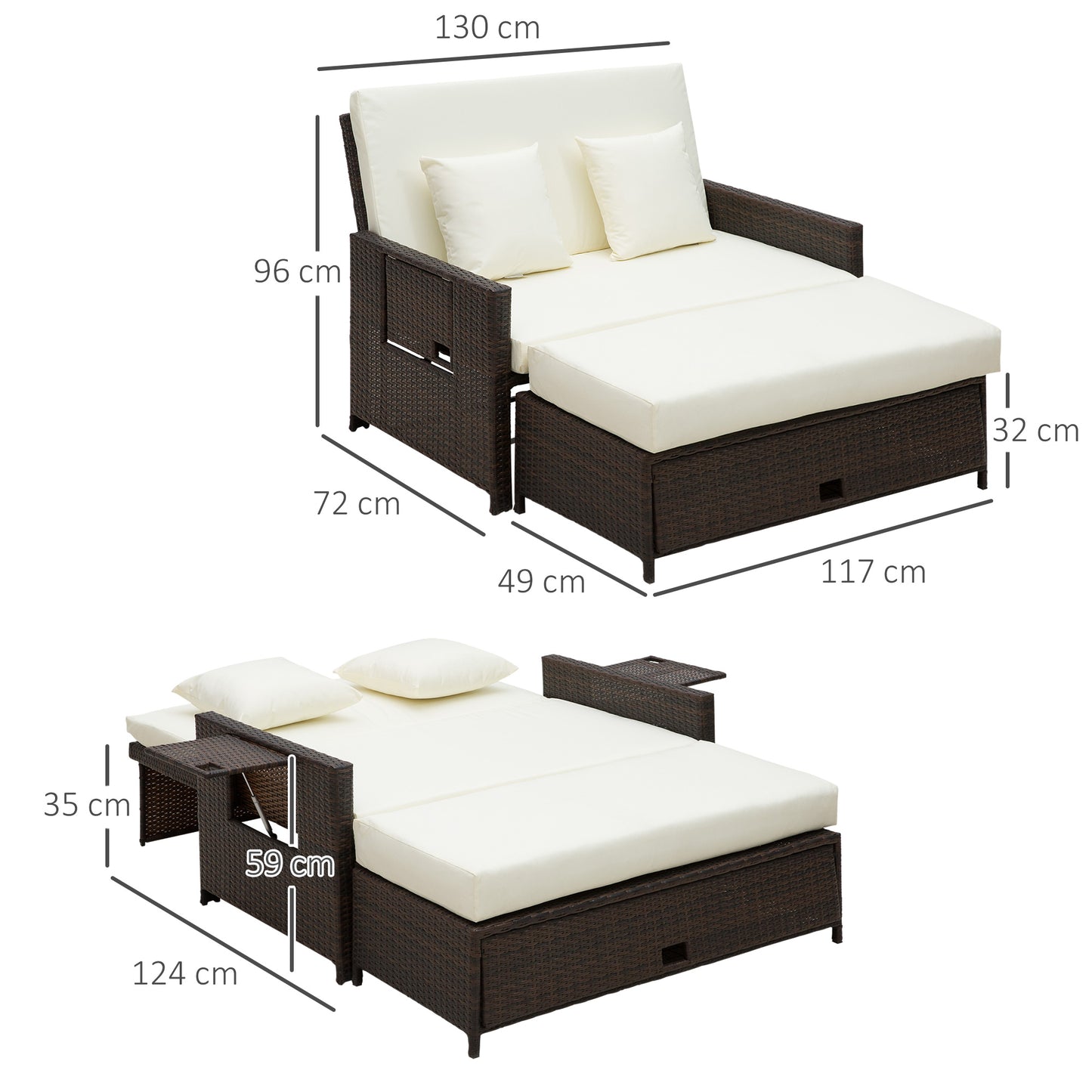 Rattan Sun Lounger 2 Seater Day Bed with Cushions