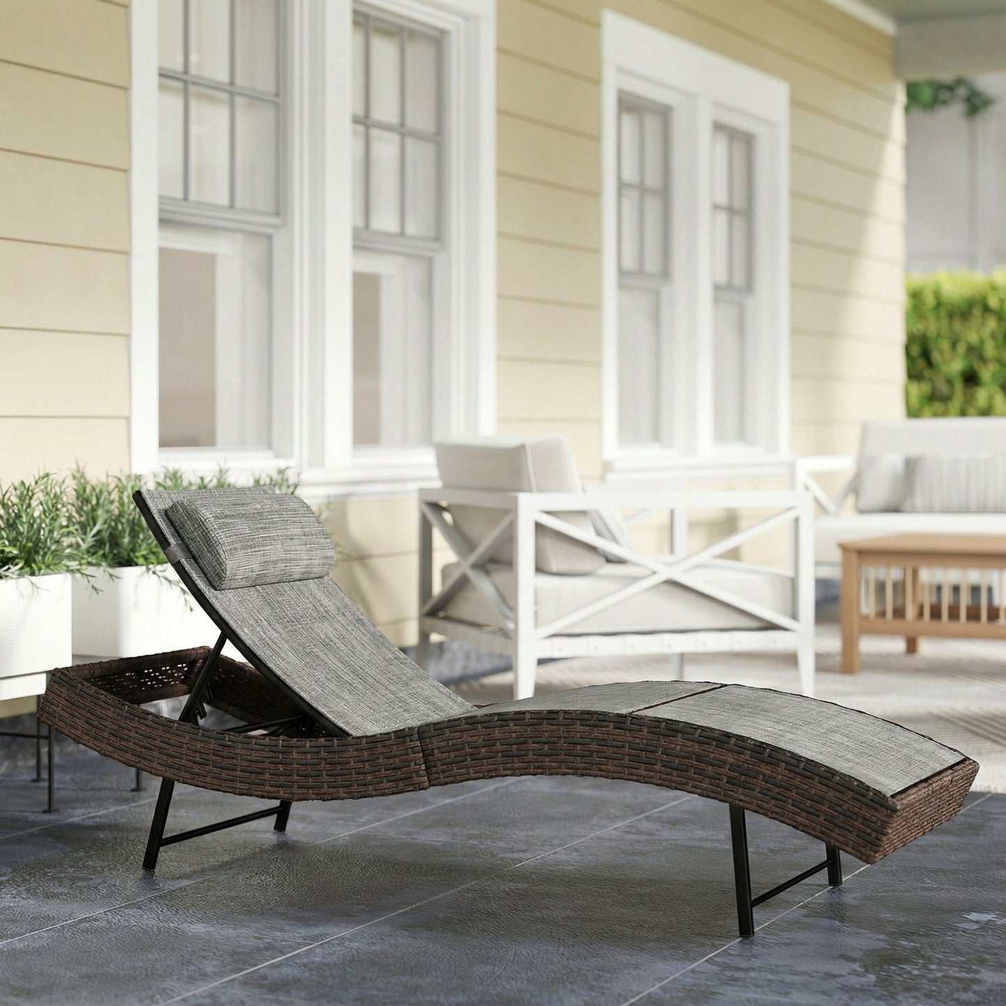 Rattan Sun Lounger, Garden Recliner with 5 Position Adjustable Back