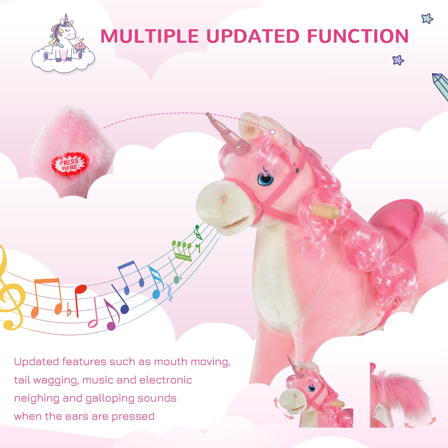 Kids Plush Rocking Horse Ride On Unicorn w/ Sound Moving Mouth