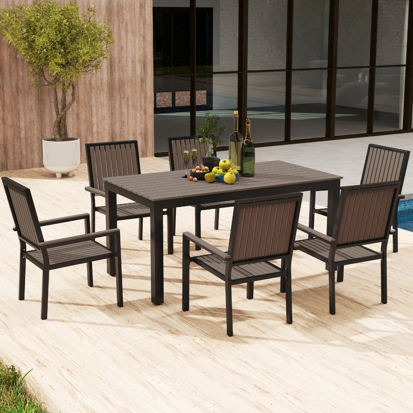 6 Seater Garden Dining Set with Stackable Chairs, Aluminium Frame