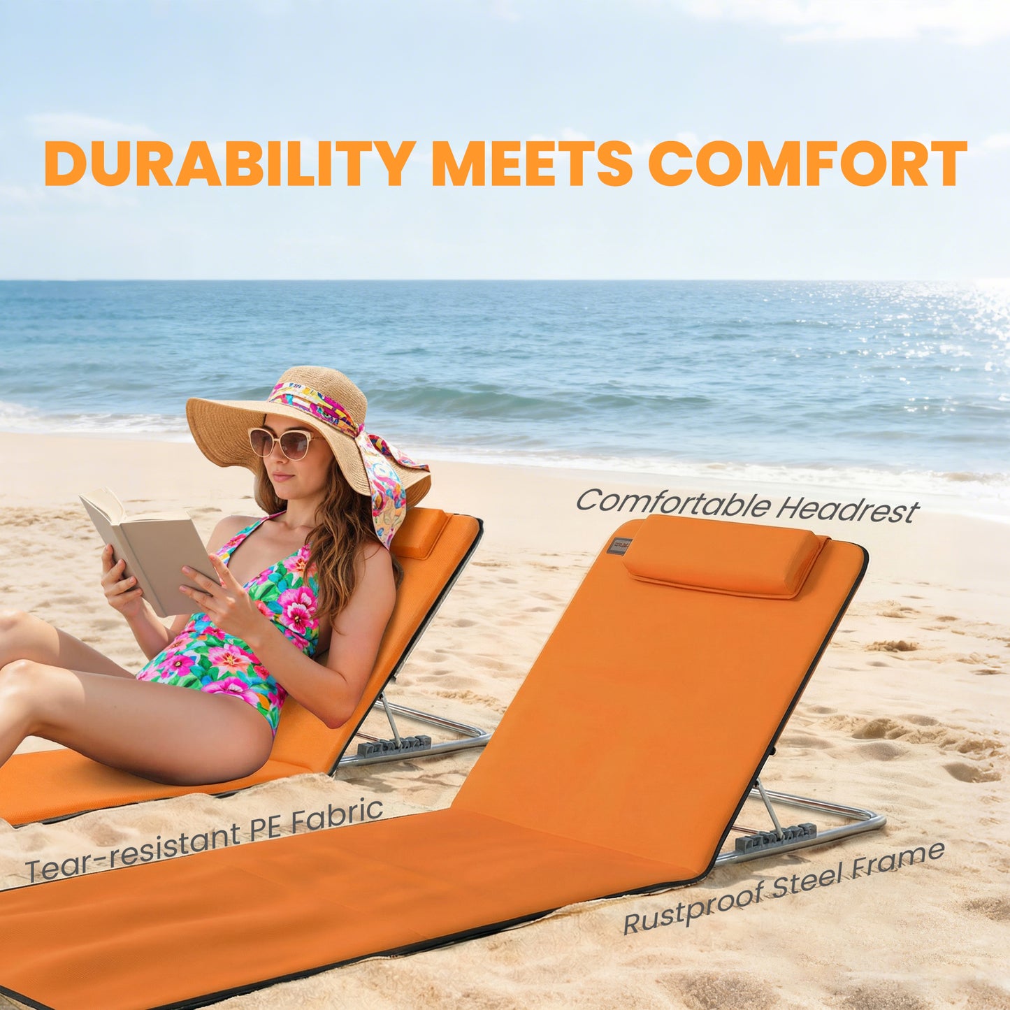 Set of Two Metal Frame Beach Chairs, with Reclining Backs