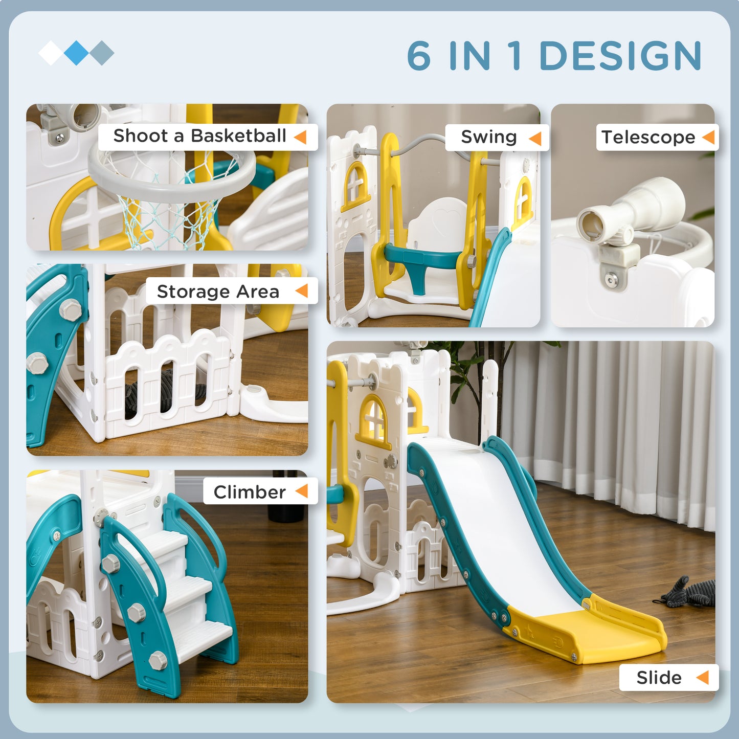 6-in-1 Swing and Slide Set, Kids Playground with Basketball Hoop