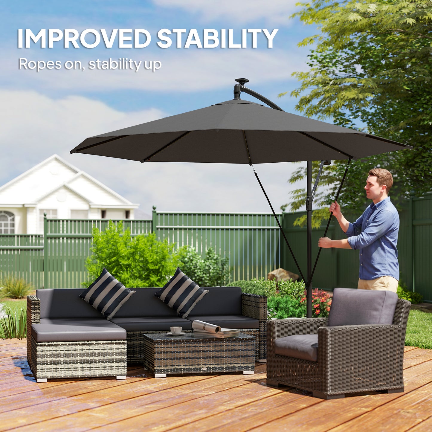3 m Cantilever Parasol with Solar LED Lights Garden Umbrella
