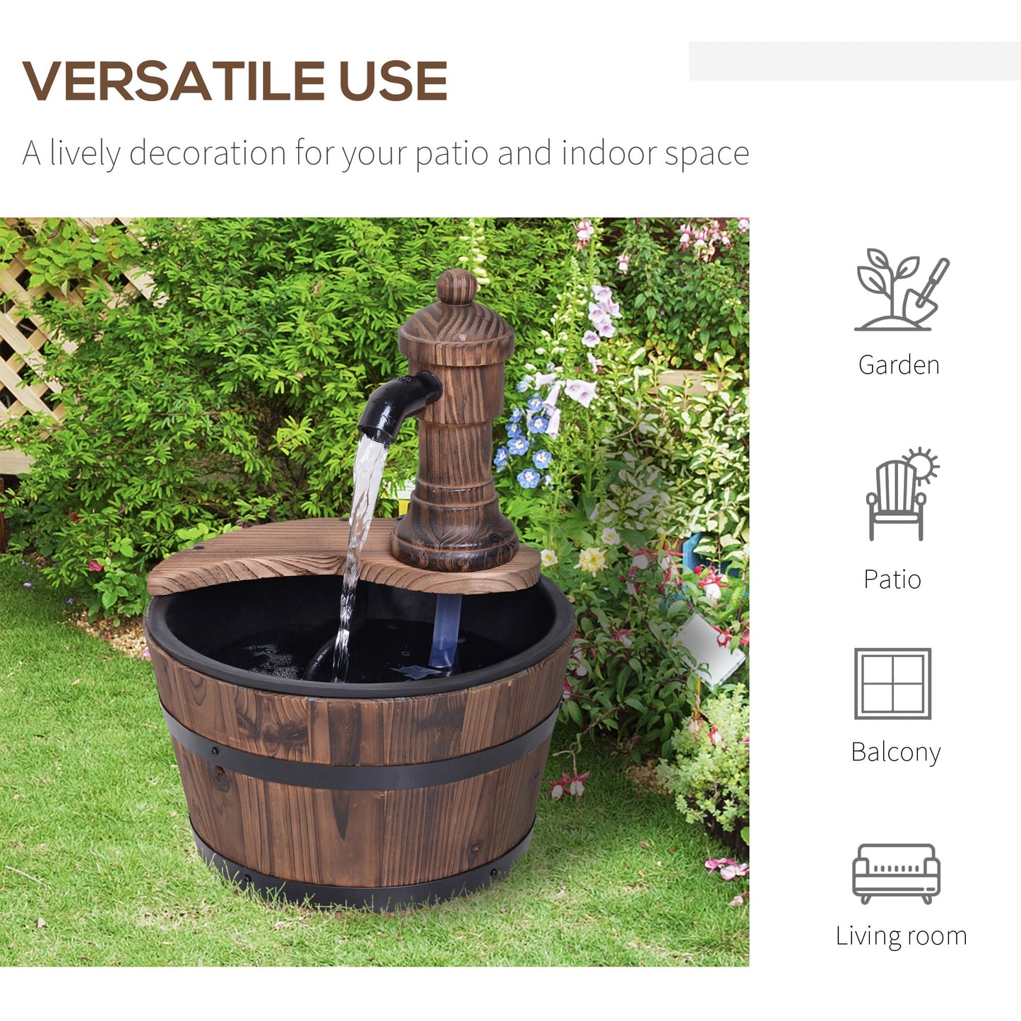 Wood Barrel Patio Water Fountain Garden Decorative Ornament Water