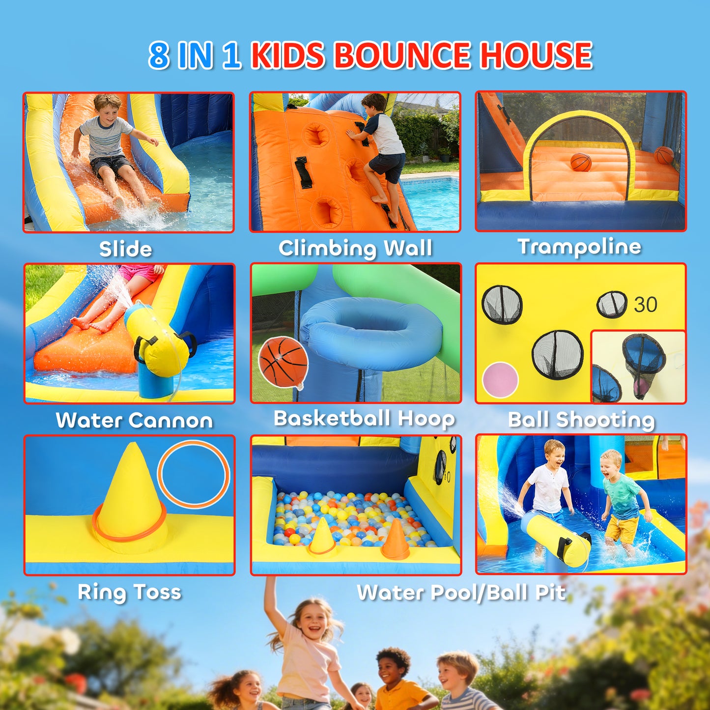 8 in 1 Bouncy Castle for Kids, Inflatable Bounce House with Slide