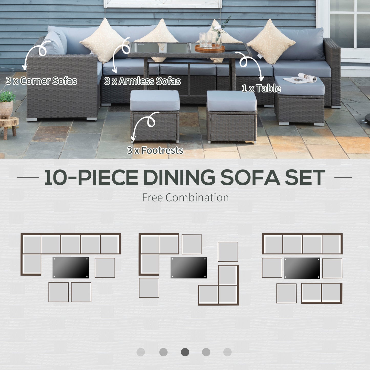 9-Seater Garden Rattan Furniture 10 Pcs Rattan Corner Dining Sofa