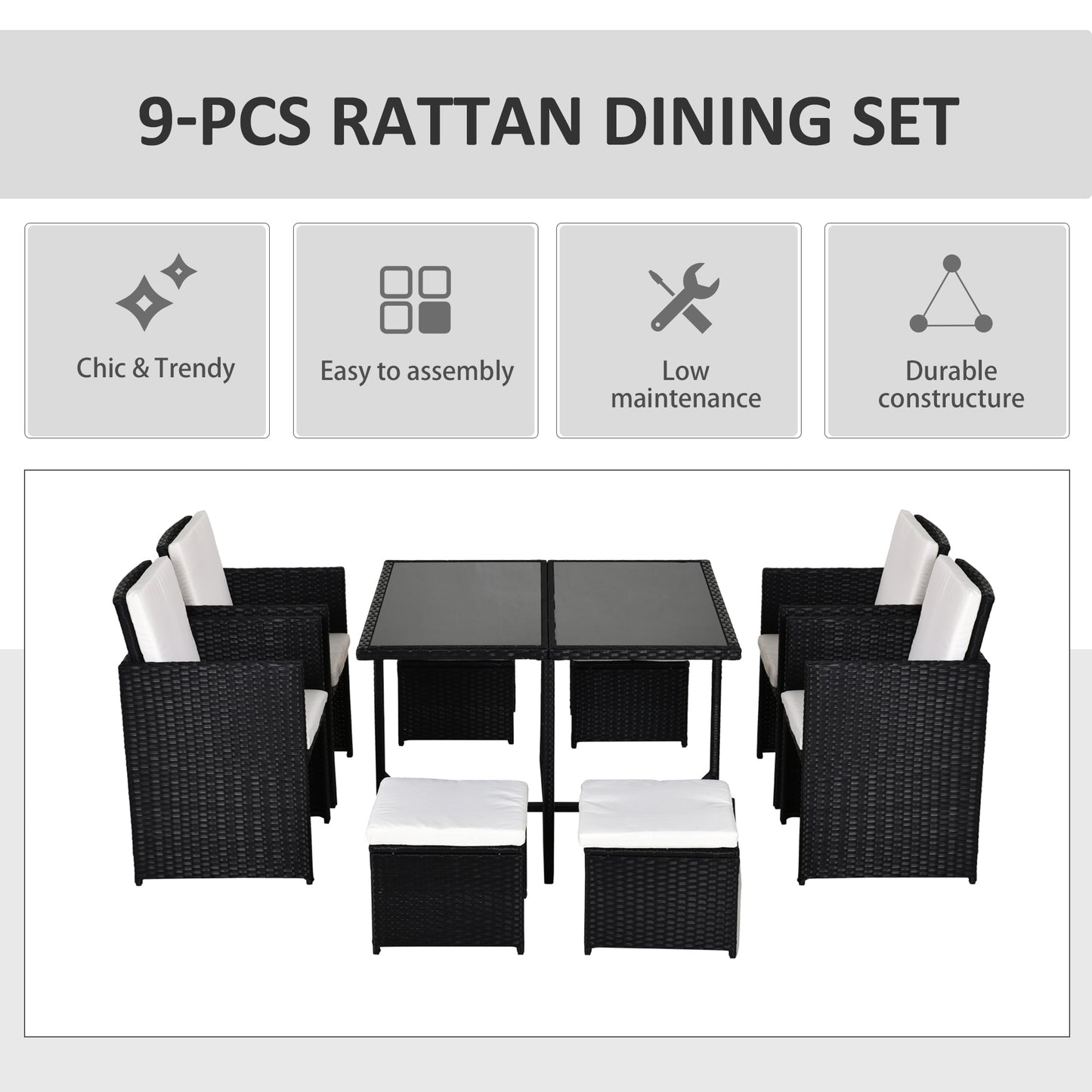 9 Piece Rattan Cube Garden Furniture Dining Set with Armchairs