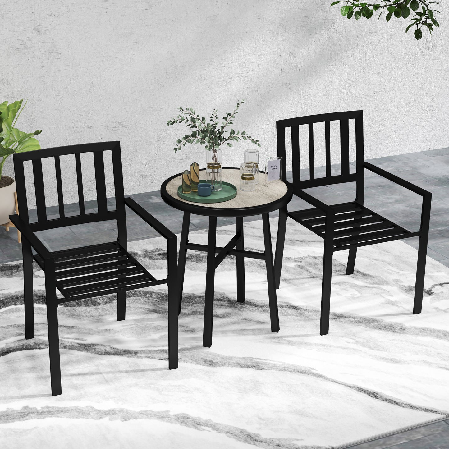 3 Piece Patio Bistro Set with Plastic Top, 2 Stackable Chairs