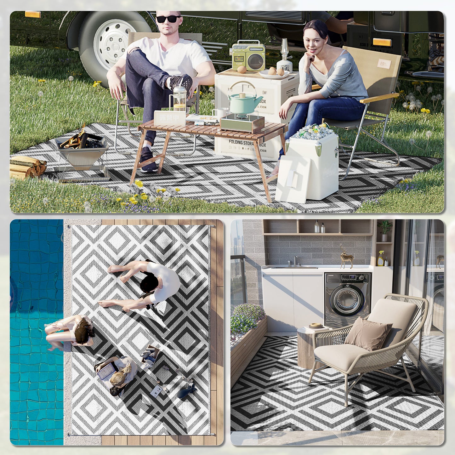 Reversible Outdoor Rug, Plastic Straw Mat w/ Carry Bag Ground Stakes