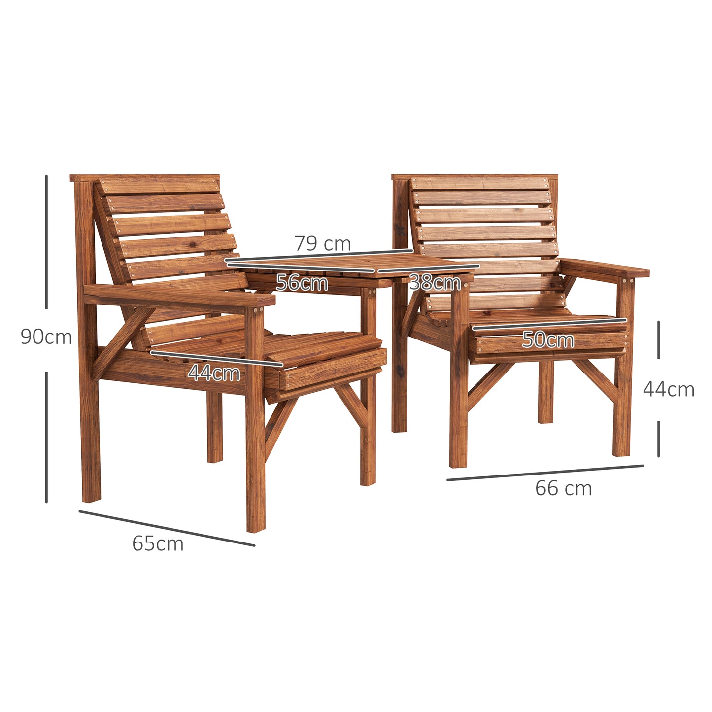 Wooden Garden Love Seat w/ Coffee Table Umbrella Hole, Tan