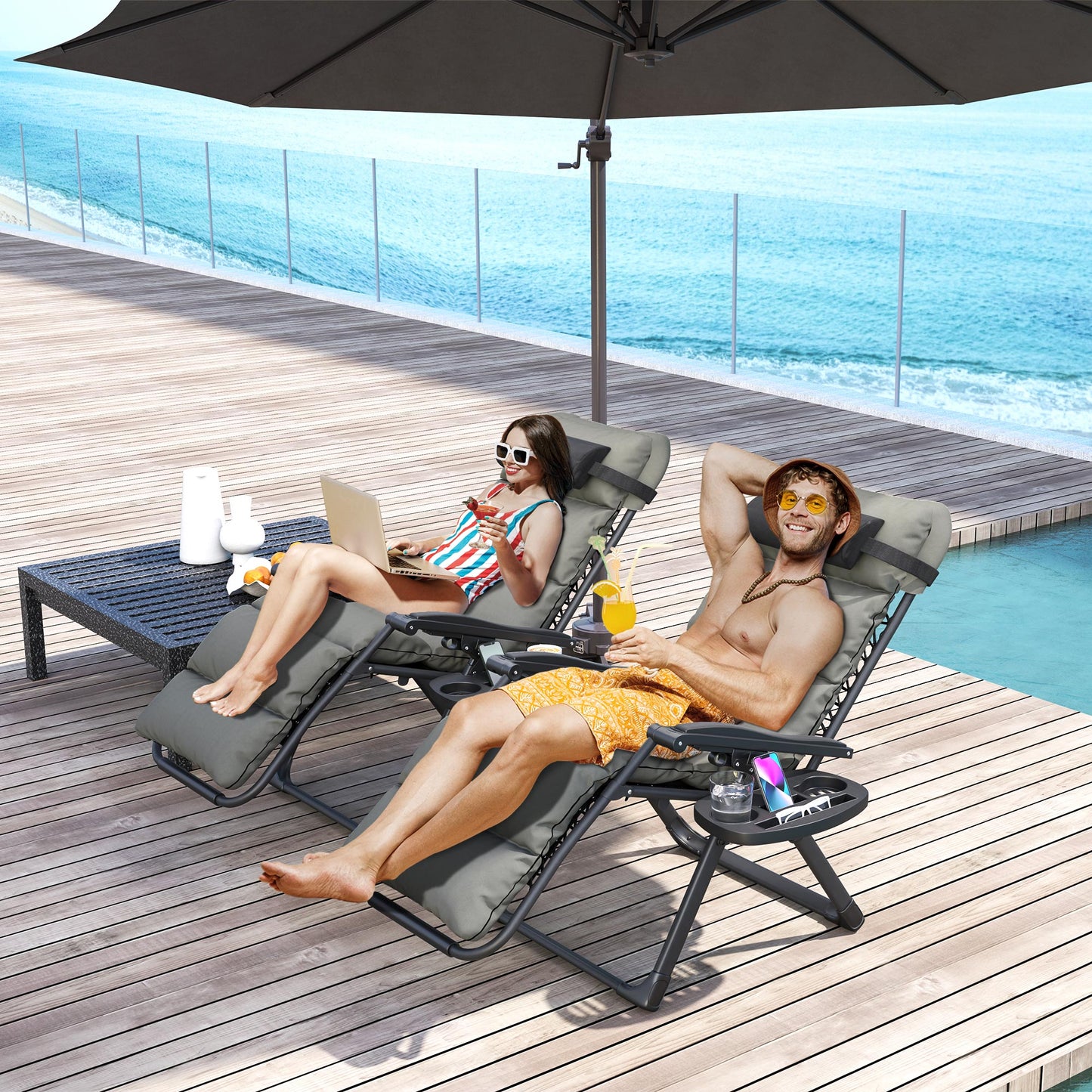Set of Two Reclining Sun Loungers, with Cushion