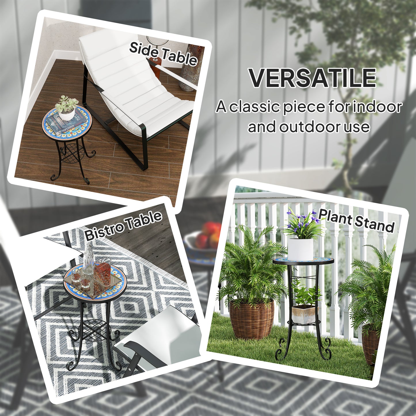 Mosaic Garden Table, 35.5 cm Round Outdoor Table with Shelf