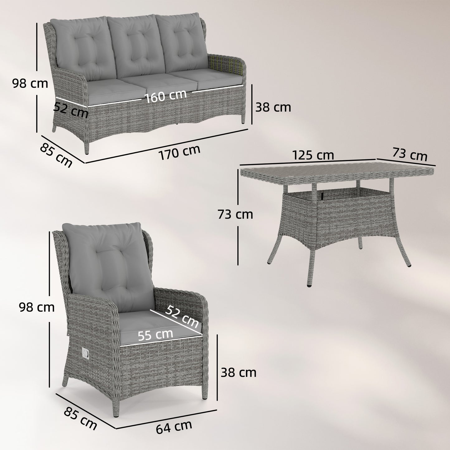 5 Seater Rattan Garden Furniture Set with Sofa, Reclining Chairs