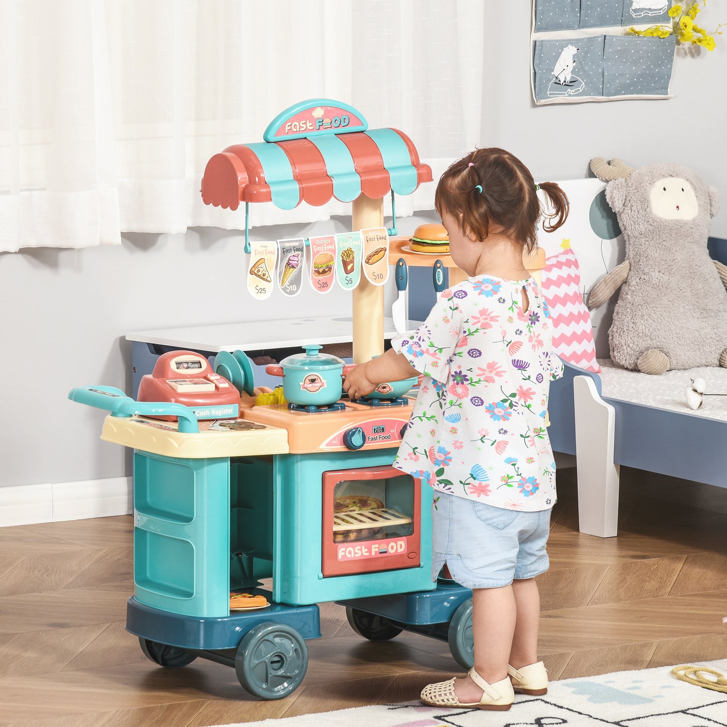 50 Pcs Kids Kitchen Play set Fast Food Trolley Cart Pretend Playset