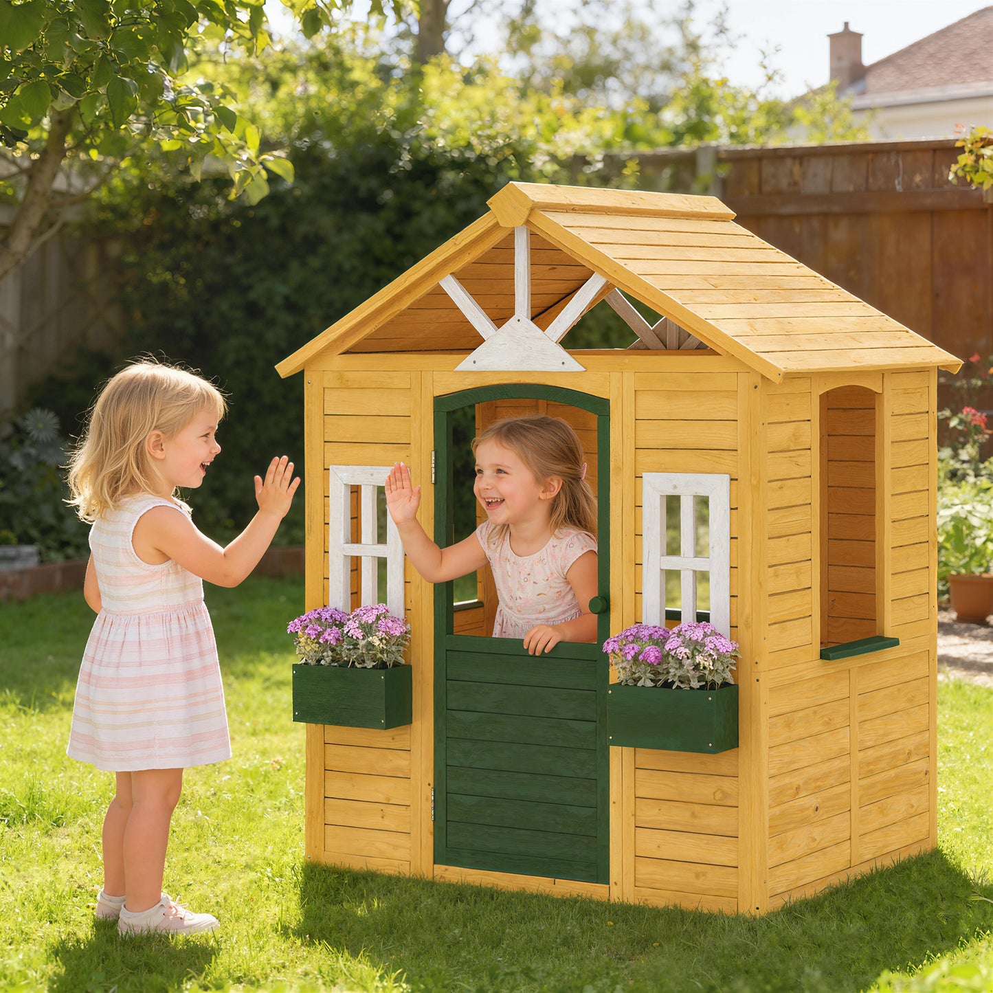 Outdoor Kids Playhouse, Wooden Wendy House with Door, 3 Windows