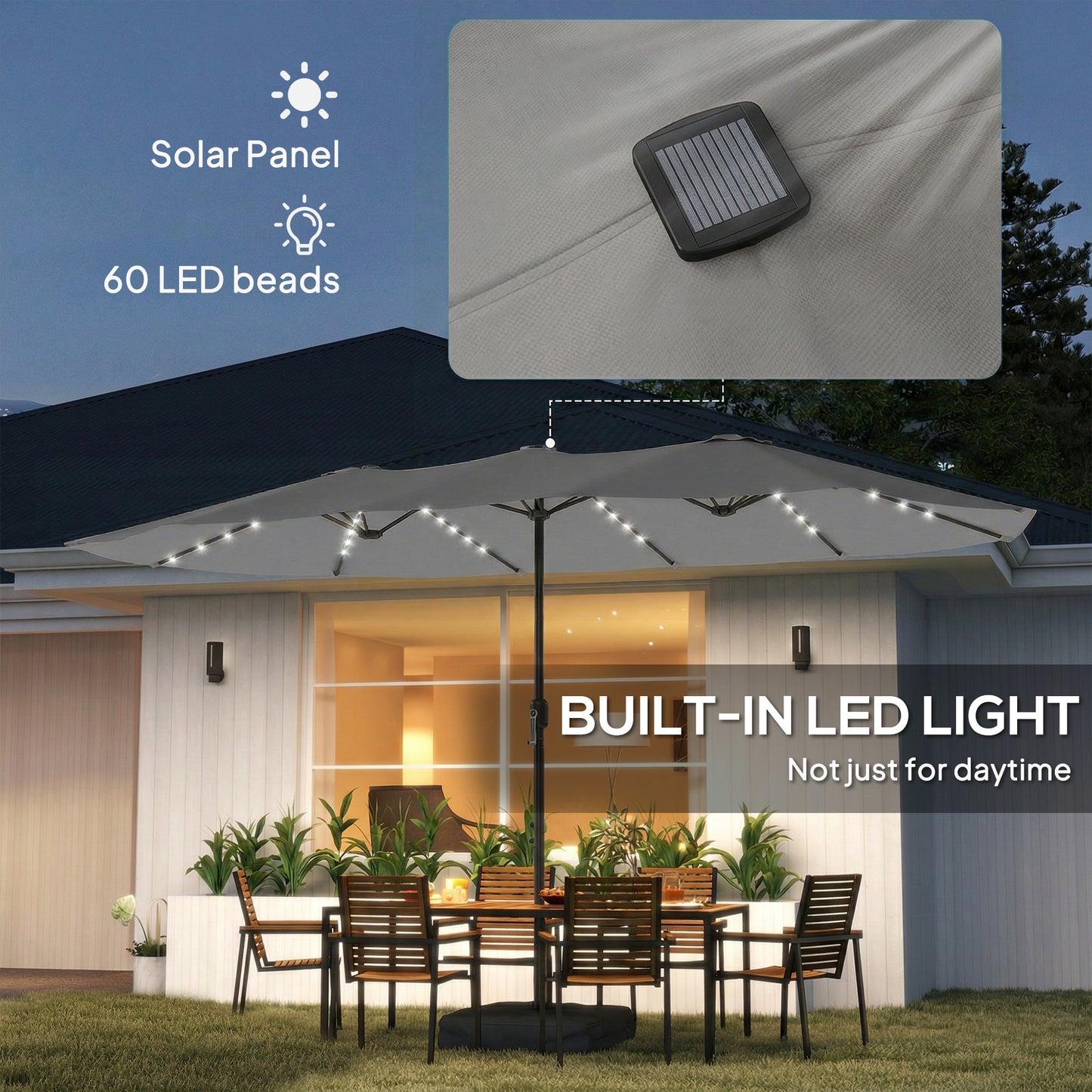 Patio Umbrella Double-Sided Outdoor Umbrella with Solar Lights Base