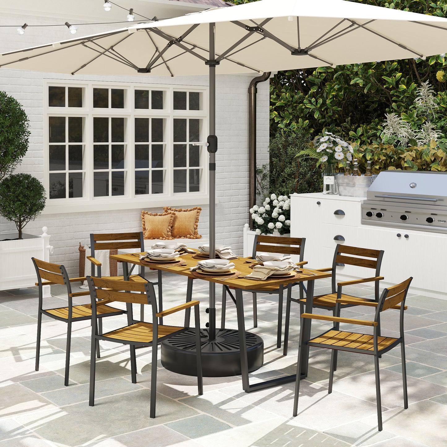 Seven-Piece Wood Panel Patio Dining Set - Brown/Black