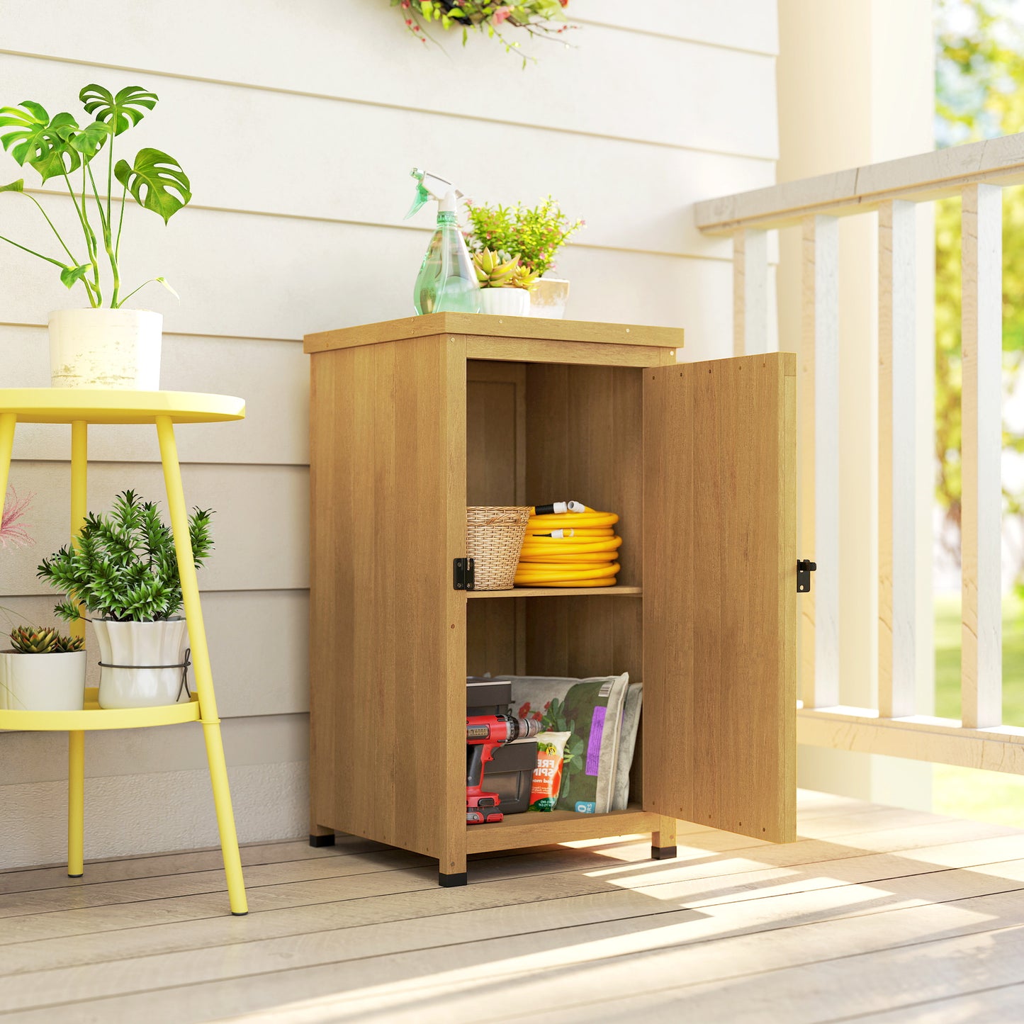 Wooden Garden Shed, Garden Tool Storage Shed with Metal Top and Shelf