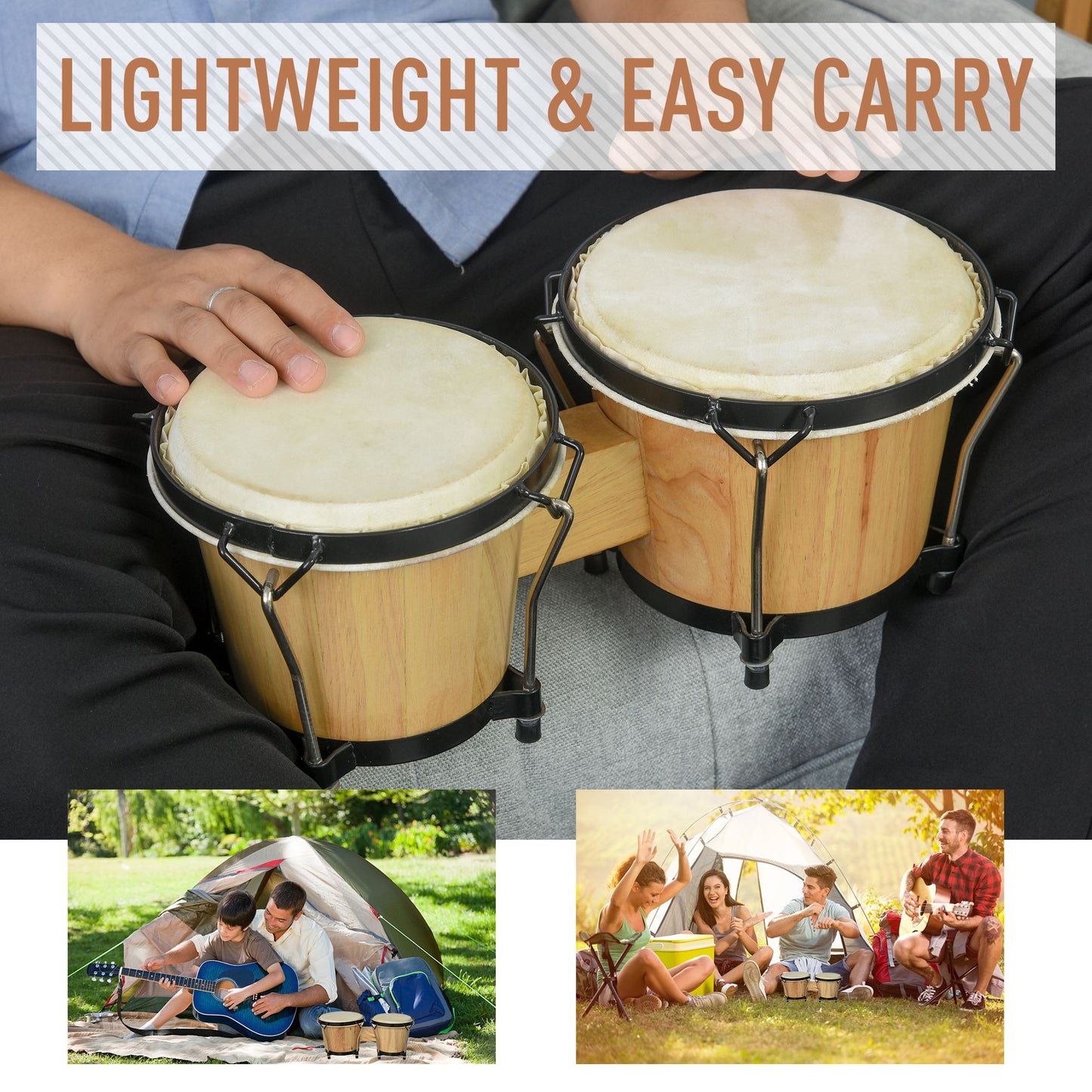 Wooden Bongo Drum Set Φ7.75" & Φ7" w/ Drum Head
