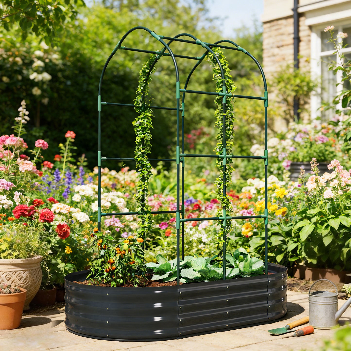 Galvanised Raised Garden Bed with Arched Trellis