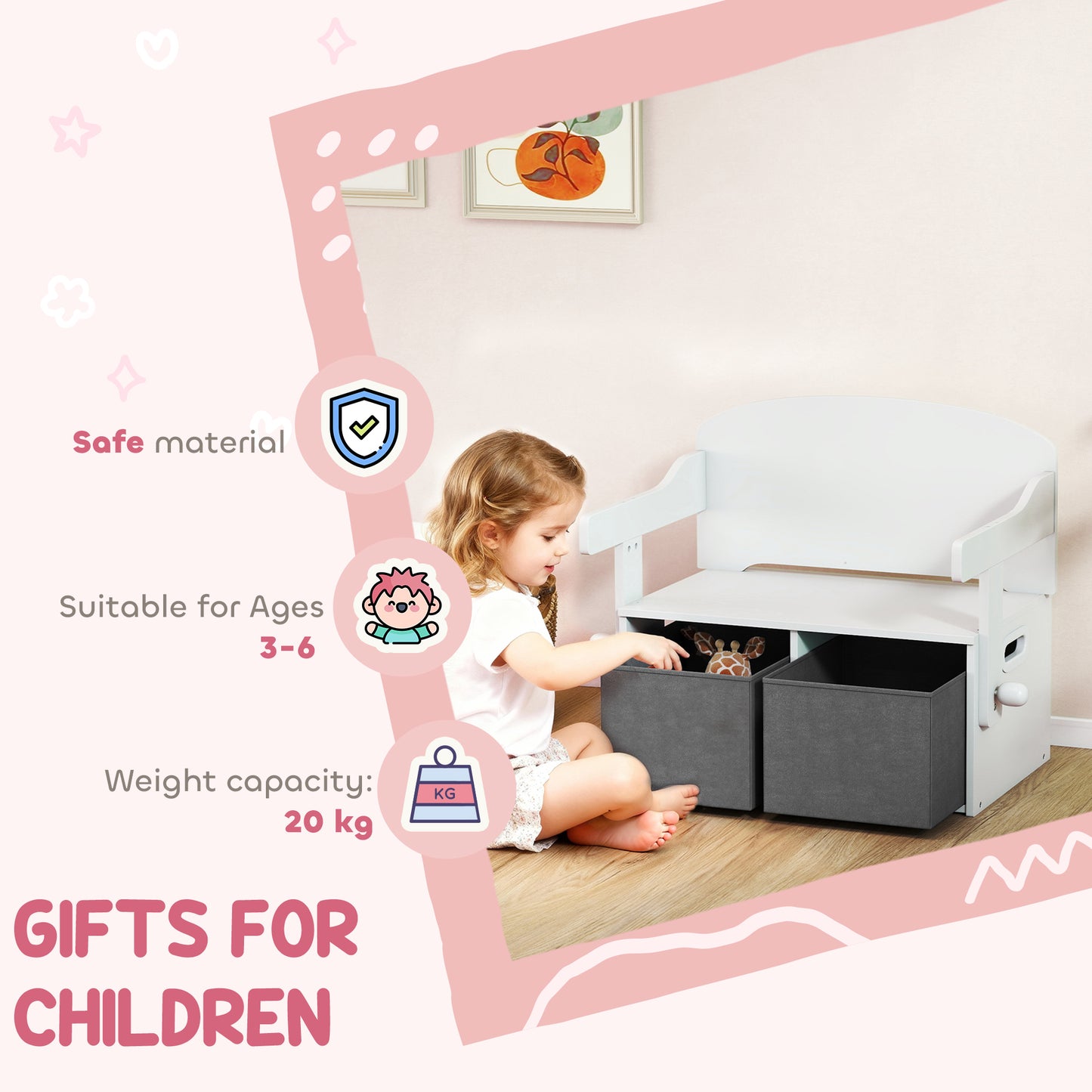 3 in 1 Kids Storage Bench, Convertible Children Table and Chair Set