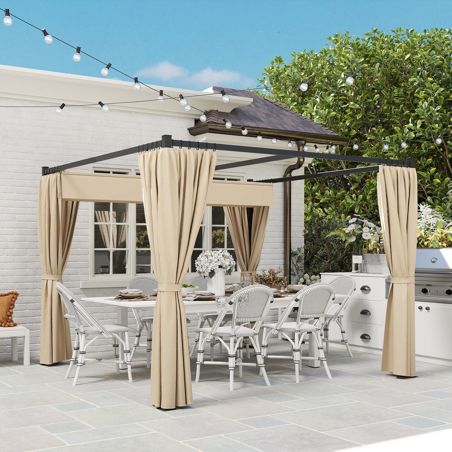 3 x 3(m) Retractable Pergola, Garden Gazebo Shelter with Curtains