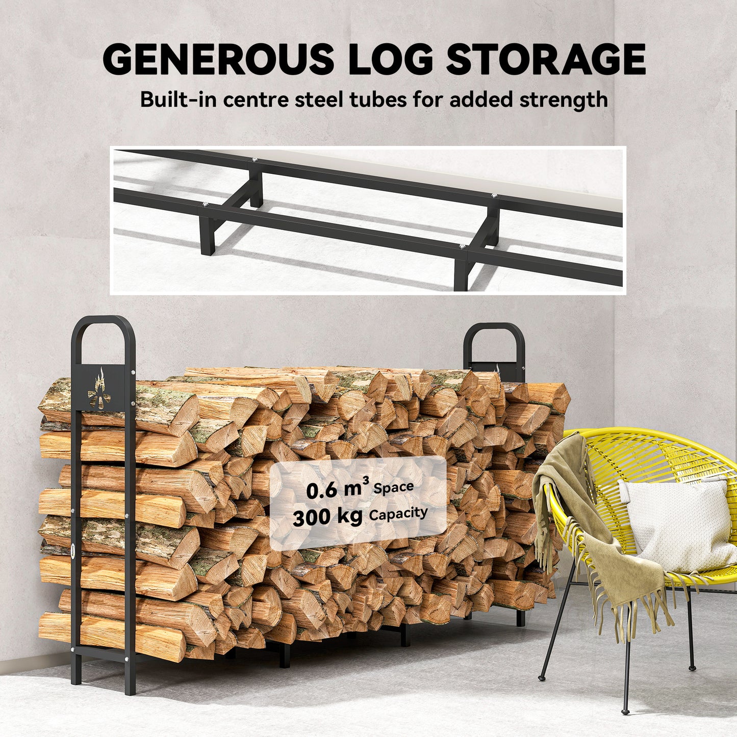 6.5 FT Steel Firewood Log Rack with 300 kg Capacity