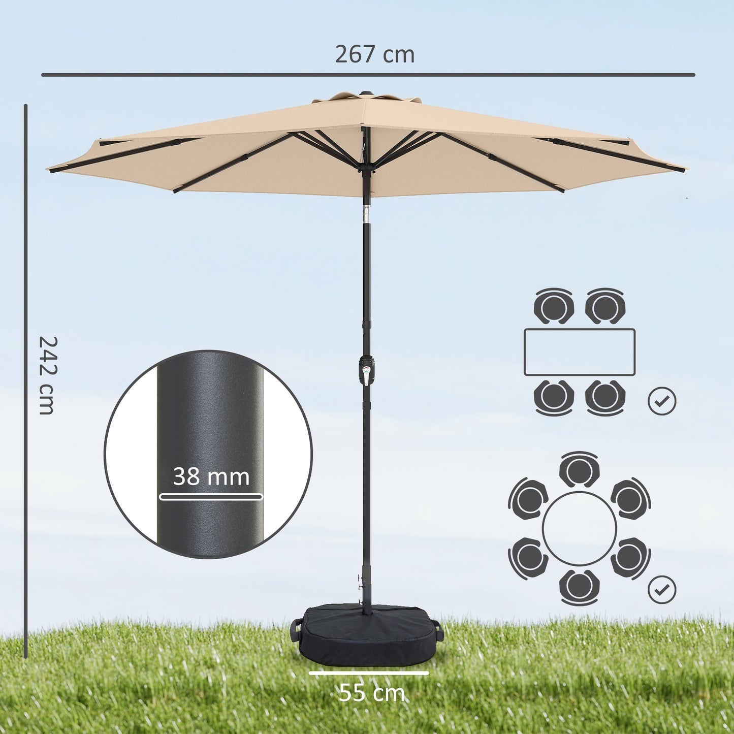 2.7 m Garden Parasol Umbrella with Cross Base and Sandbag