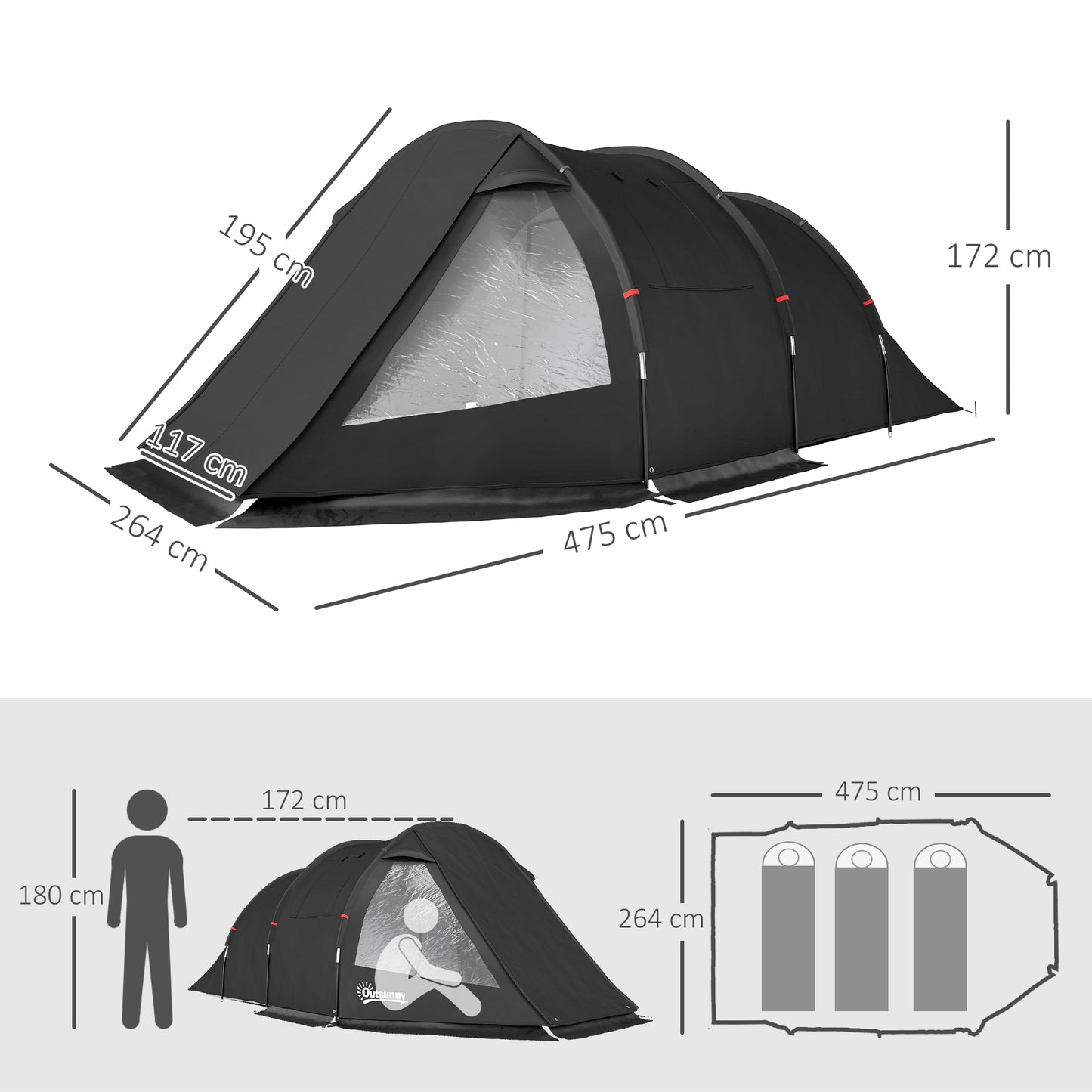 3-4 Man Tunnel Tent, Two Room Camping Tent with Windows