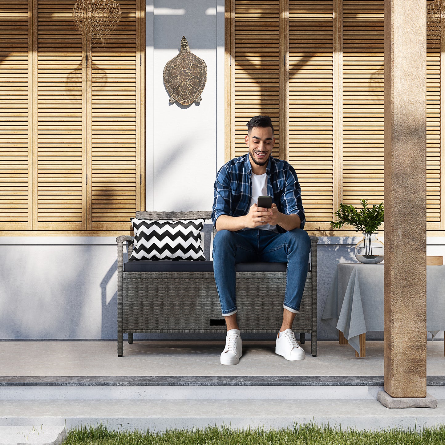 160L Storage Two-Seater Rattan Bench