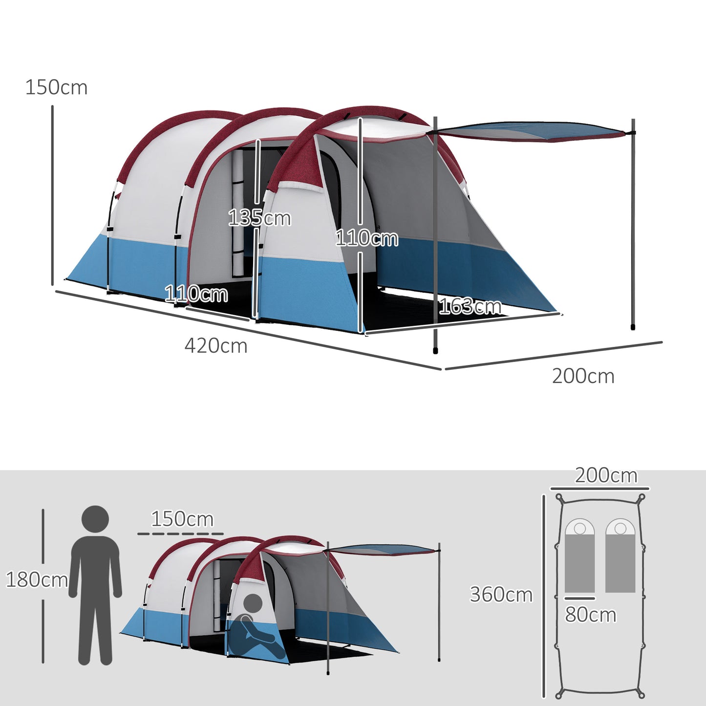 Camping Tent, Large Tunnel Tent with Bedroom and Living Area
