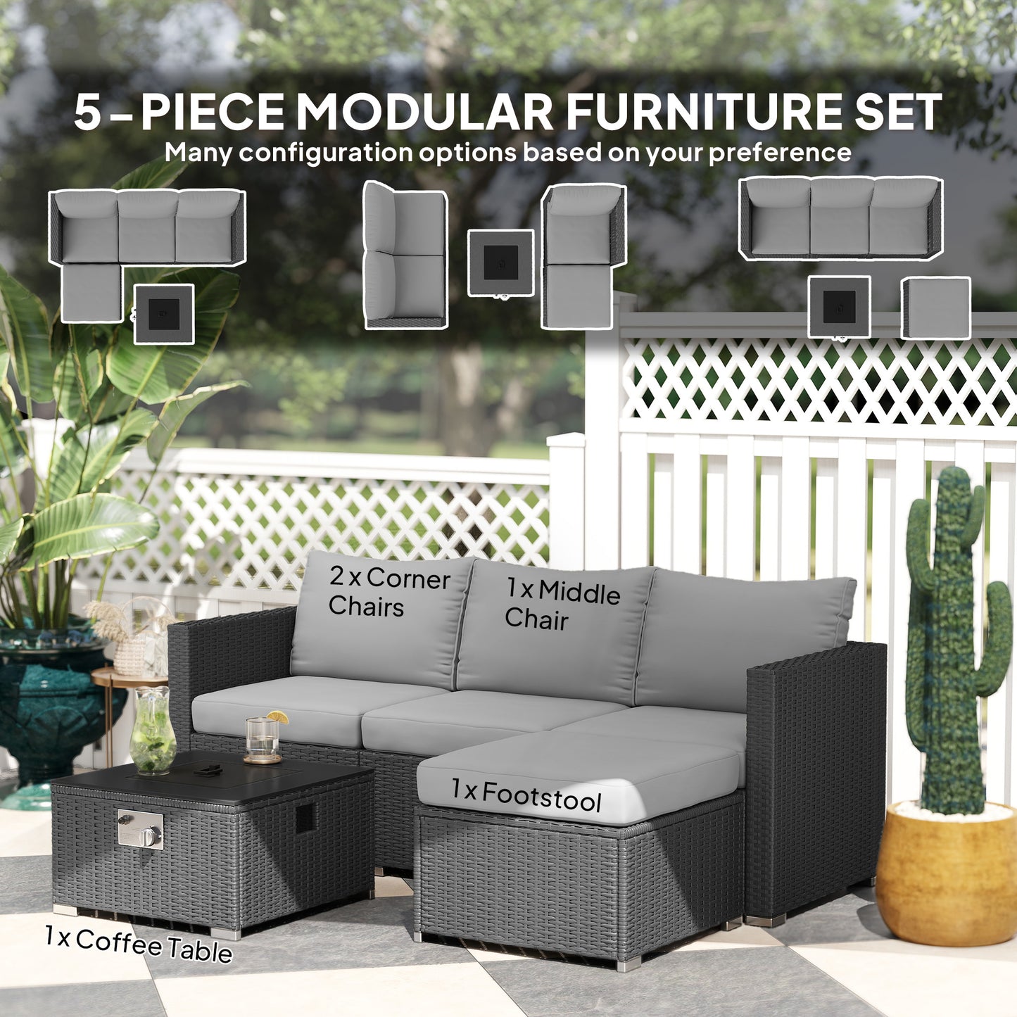 Five Piece Rattan Garden Furniture Set with Gas Fire Pit Table