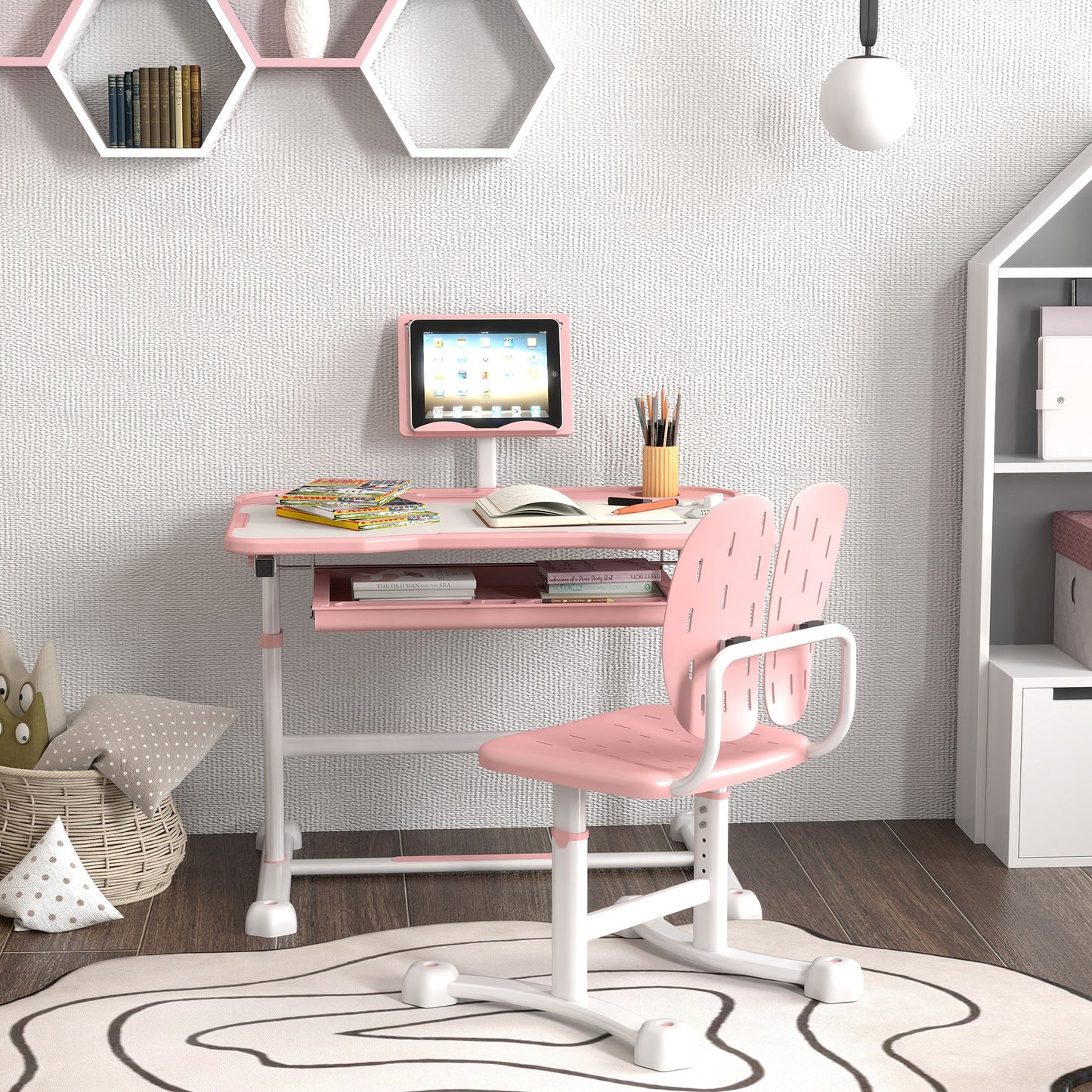 Height Adjustable Kids Desk and Chair Set, School Study Writing