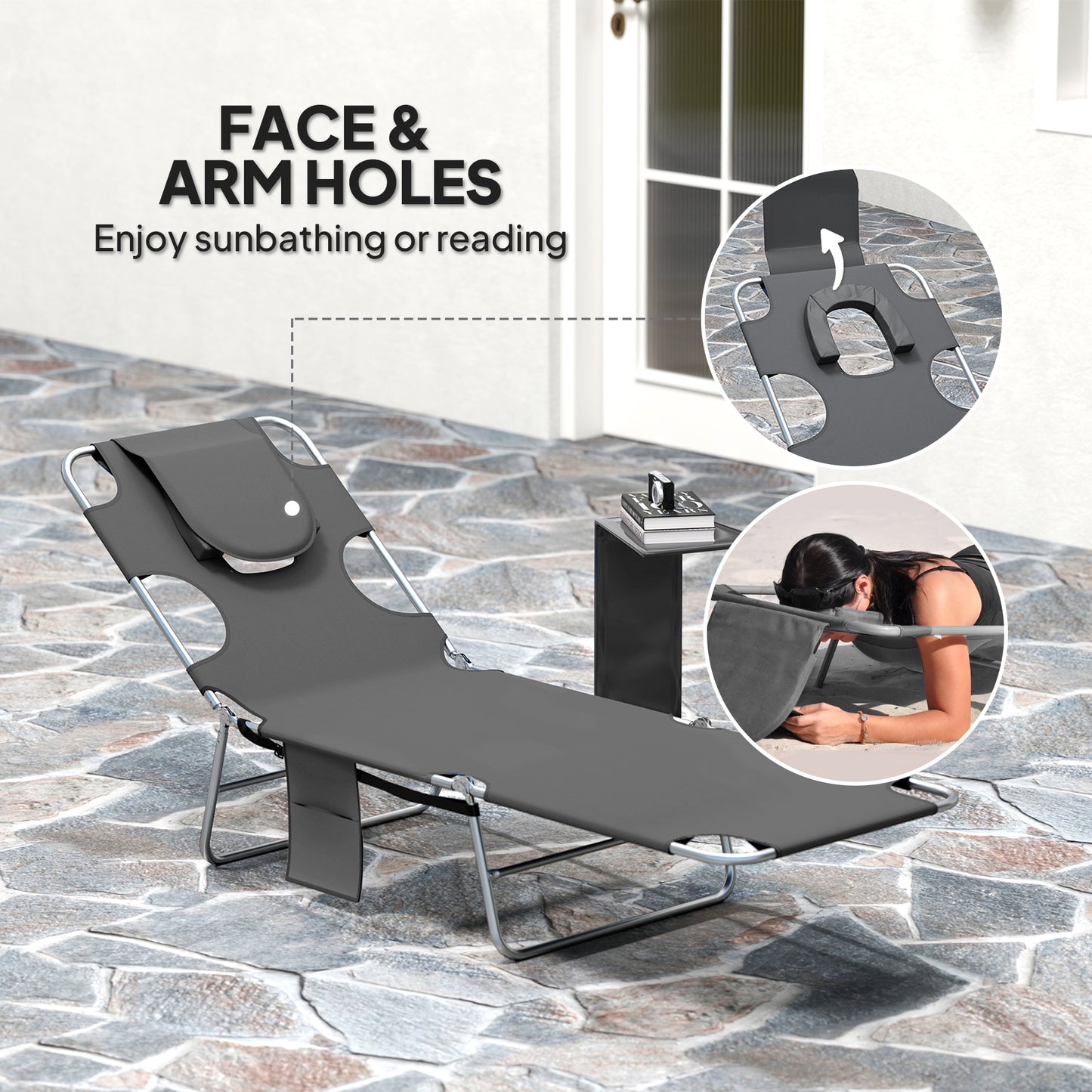 Foldable Sun Lounger Set of 2, Beach Chaise Lounge with Reading Hole