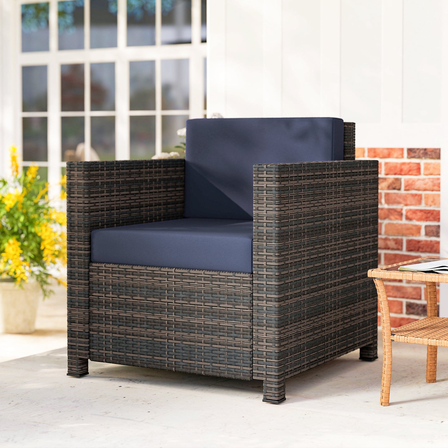 PE Rattan Garden Armchair with Cushion - Mixed Brown/Navy