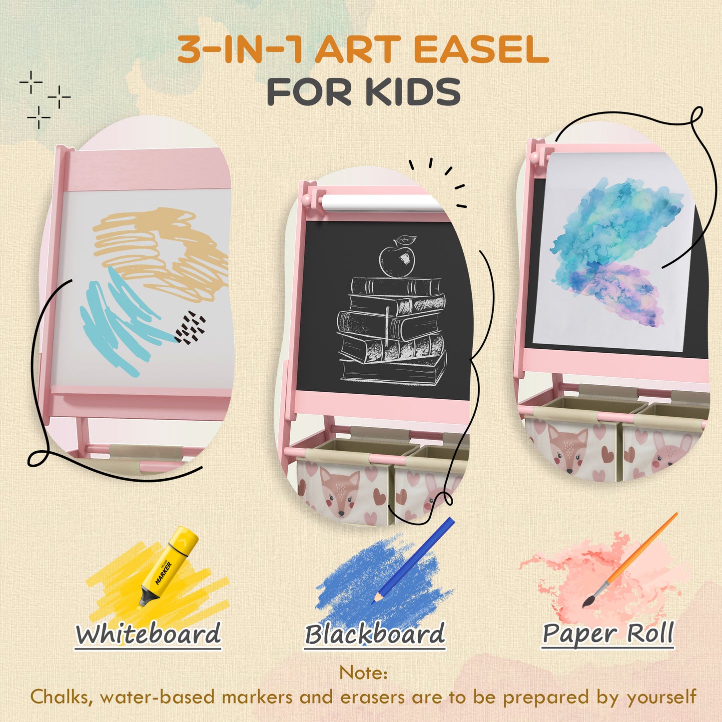 Three-In-One Kids Easel with Paper Roll, Art Easel, with Storage