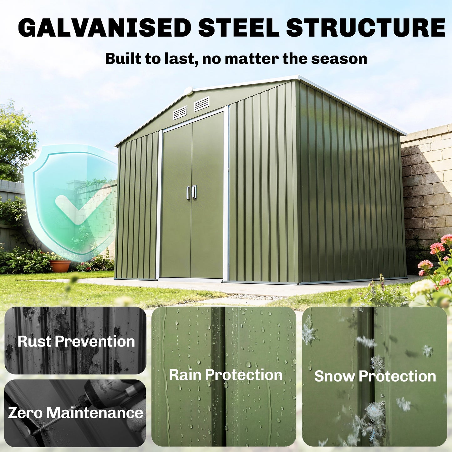 9 x 6ft Metal Garden Shed, Waterproof Outdoor Bike Storage Shed